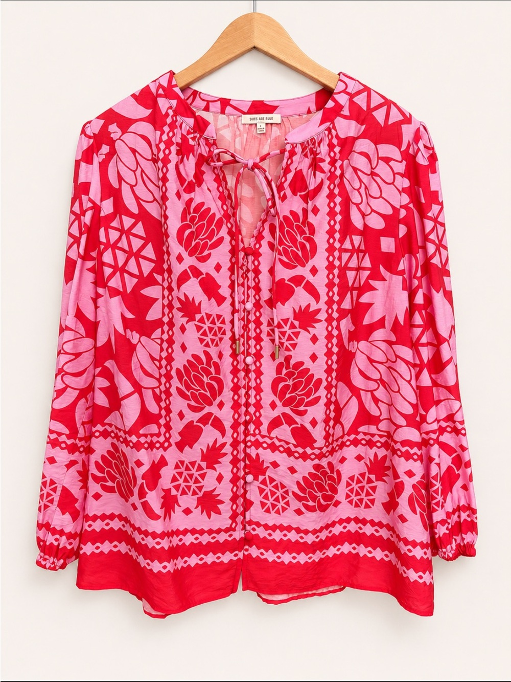Skies Are Blue Pink & Red Floral Tie-Neck Tunic